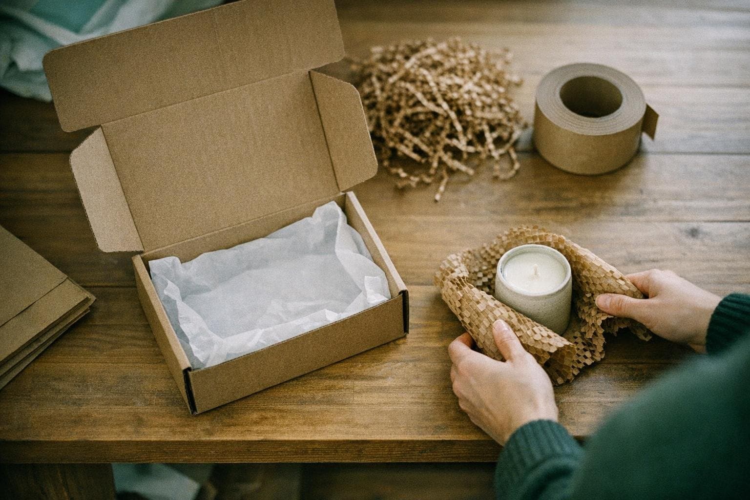 An order being packed in a kraft mailer with honeycomb paper and tissue