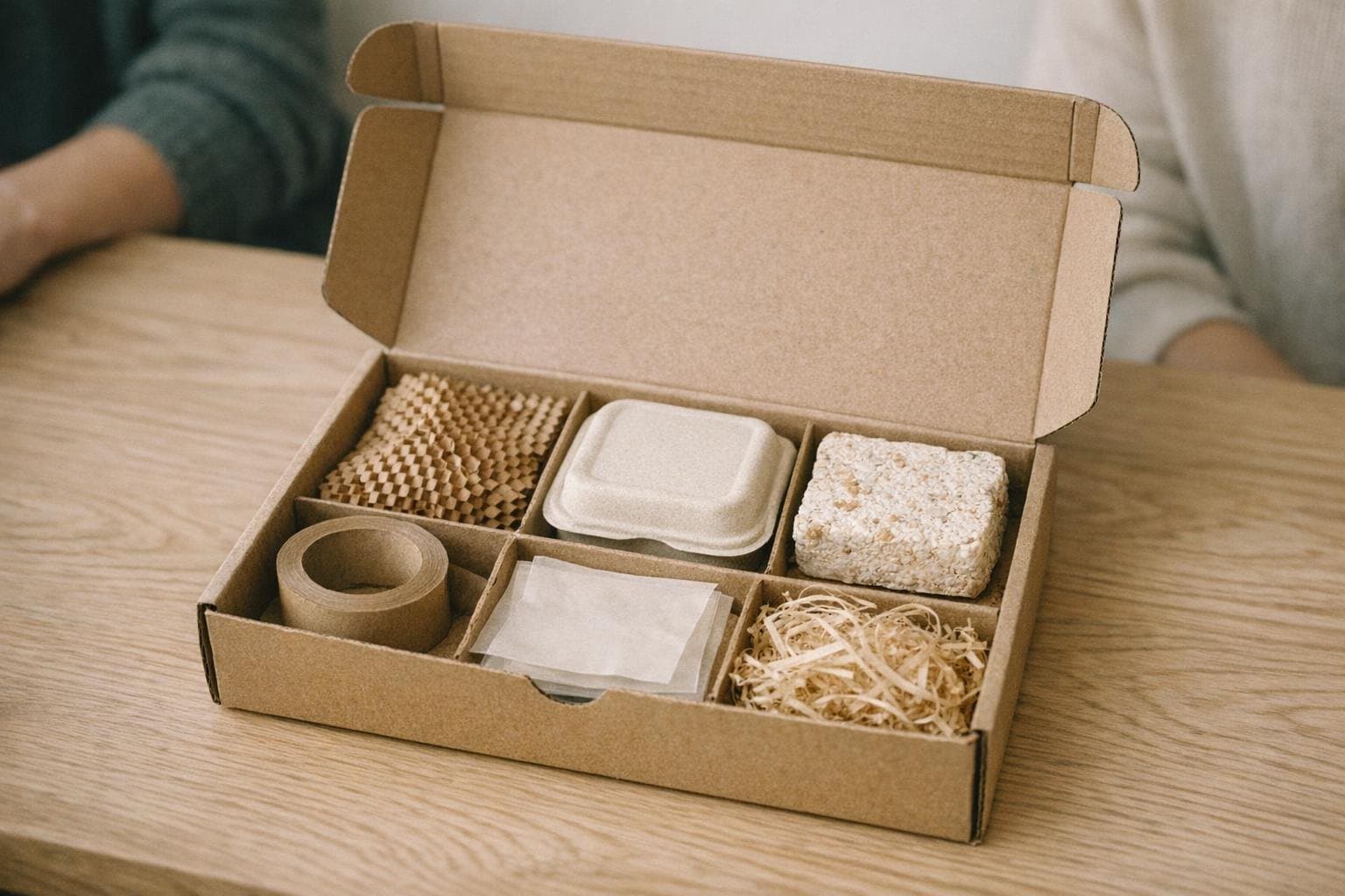 An open sample box with honeycomb paper, a bagasse lid, a mycelium block, paper tape, glassine and wood wool